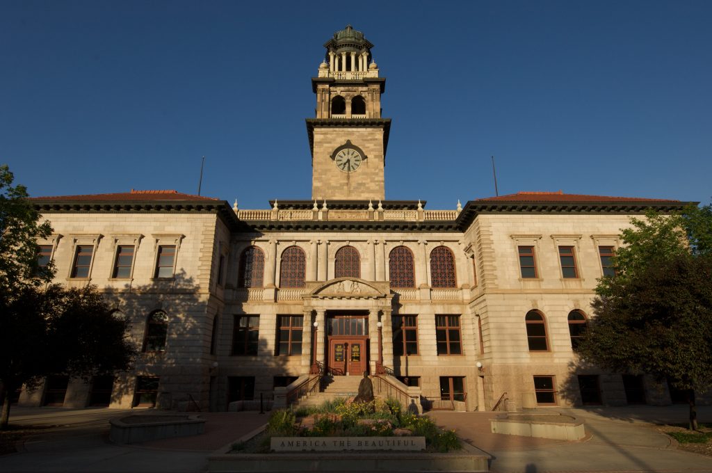 View of the Exterior of 1903 El Paso County Courthouse which houses the Colorado Springs Pioneers Museum.