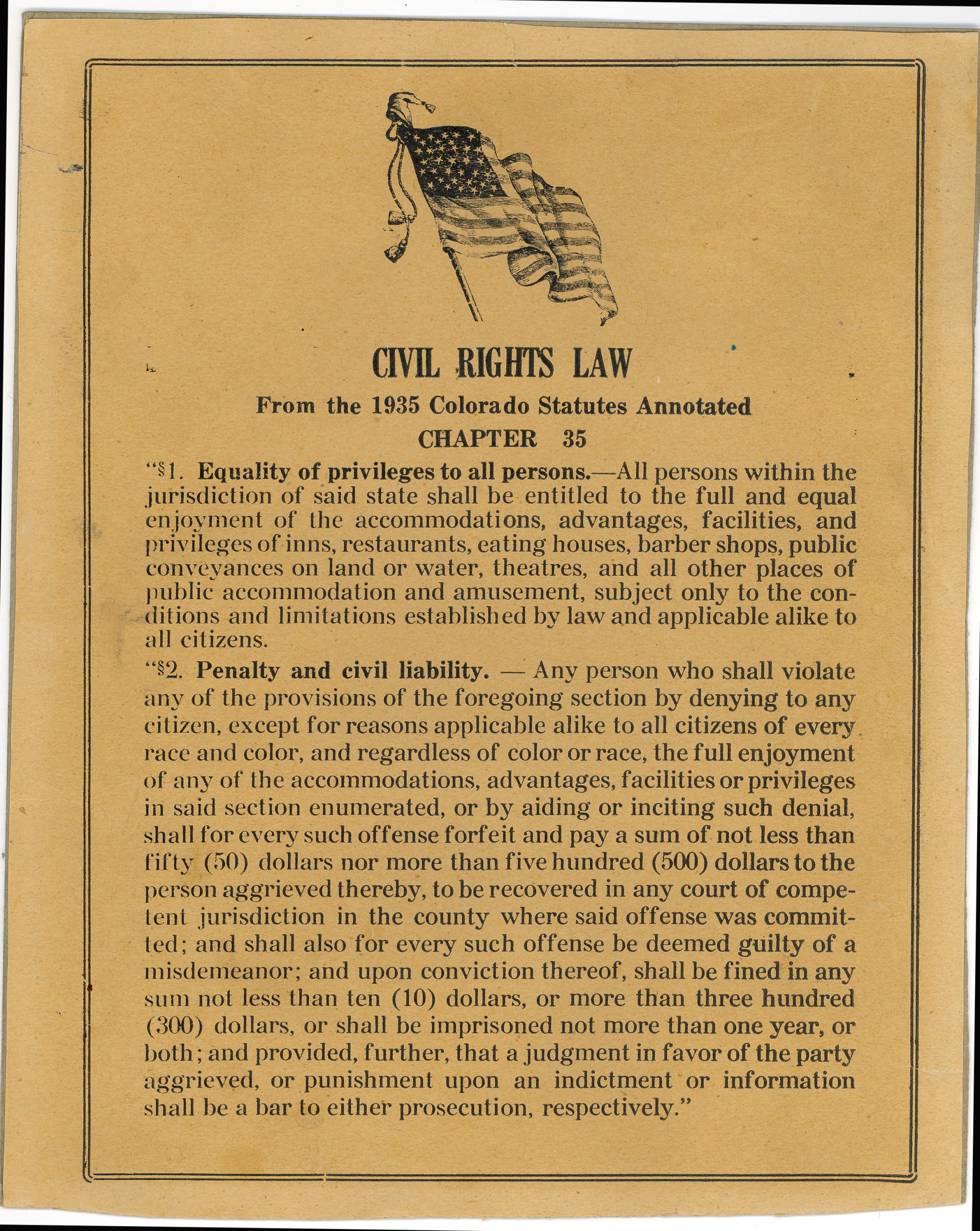 Photo of the Civil Rights Law from the 1935 Colorado Statues Annotated, Chapter 35.