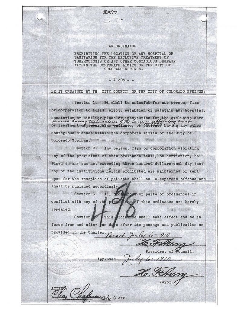 1910 ordinance prohibiting tuberculosis hospitals or sanitariums within the business district of Colorado Springs.