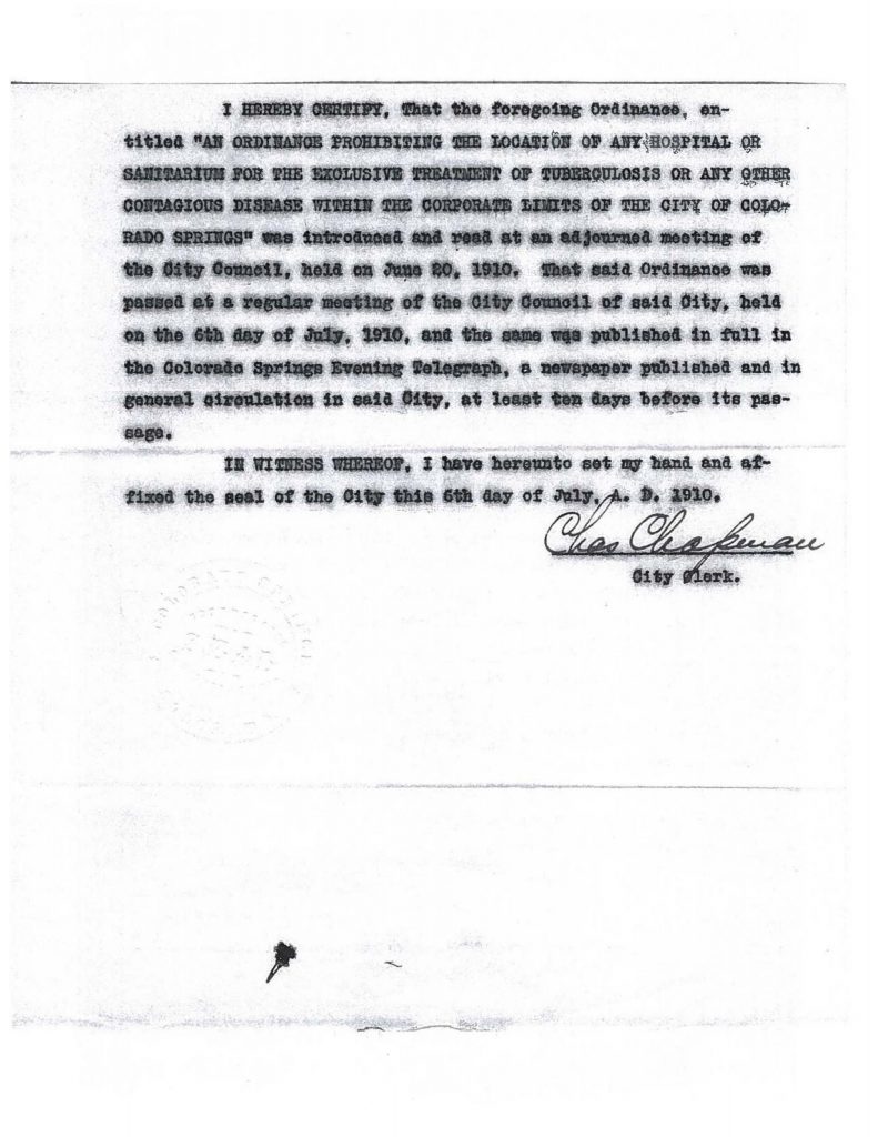 Page 2 of the 1910 ordinance prohibiting tuberculosis hospitals or sanitariums within the business district of Colorado Springs.