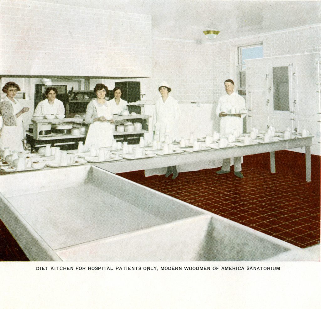 Kitchen at the Modern Woodmen Sanitorium, Colorado Springs, with white tiled and enameled surfaces to meet new hygiene and sanitation standards, ca. 1920