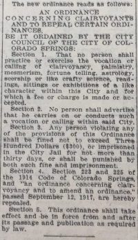 Cut-out section of the Gazette newspaper describing the Clairvoyant Ordinance on September 12, 1917.20