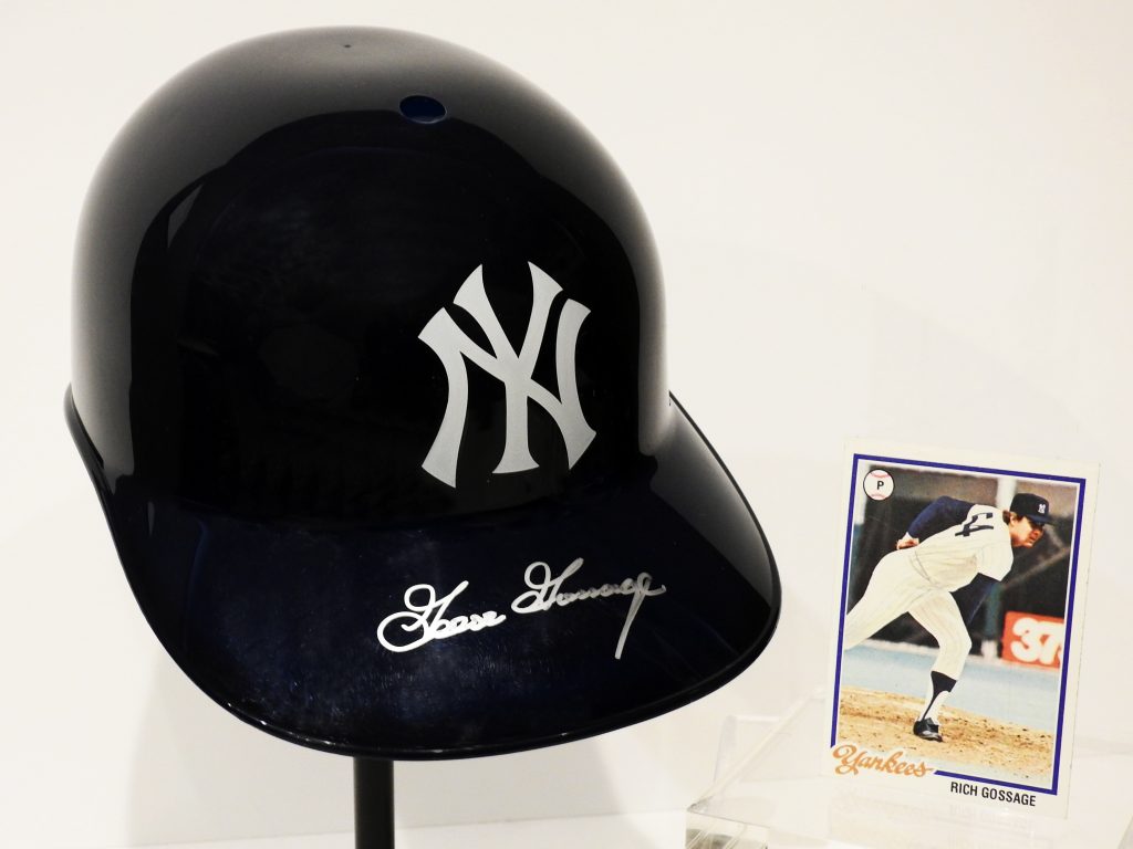 New York Yankees Baseball Helmet, and Rick “Goose” Gossage Baseball Card, 1978. CSPM Collection, 2020.30.0,.1.