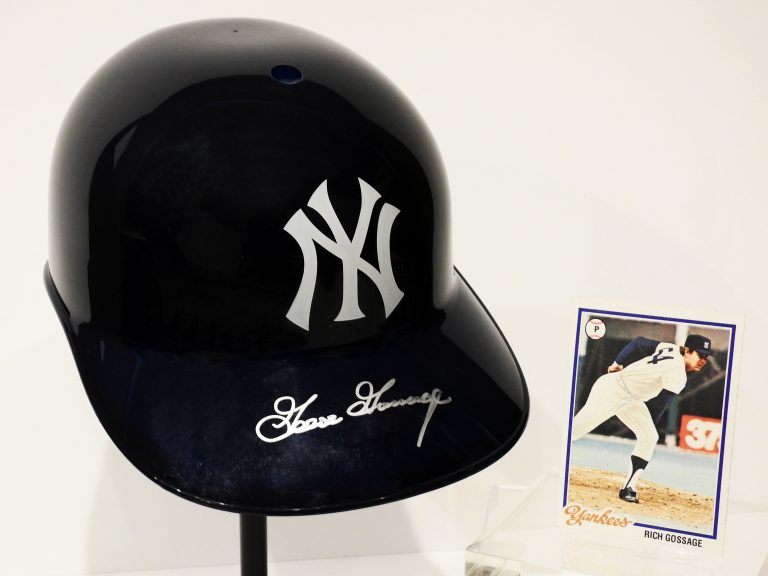 New York Yankees Baseball Helmet, and Rick “Goose” Gossage Baseball Card, 1978. CSPM Collection, 2020.30.0,.1.