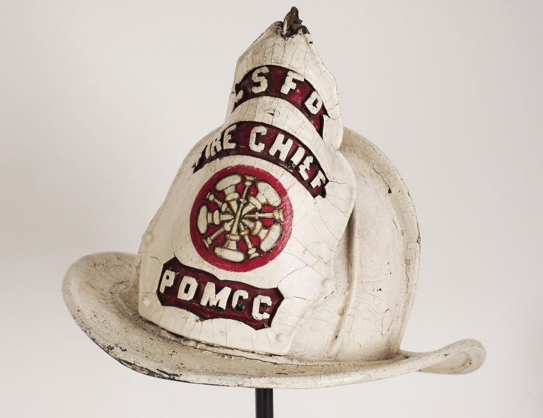 Helmet of P.D. “Patsy” McCartin, Chief of Colorado Springs Fire Department, 1909-1931. Generously donated by Mrs. F.L. Beyle, 45-40-1.