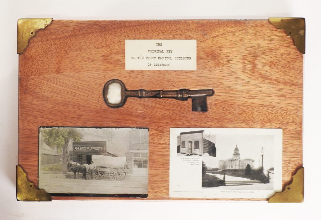 Key to “First State Capitol Building,” Log Cabin in Old Colorado City, 1861-1862. Presented by Mayor T. Eugene McCleary on behalf of Ida W. Schranz. 67-100.
