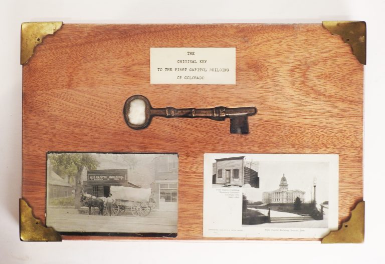 Key to “First State Capitol Building,” Log Cabin in Old Colorado City, 1861-1862. Presented by Mayor T. Eugene McCleary on behalf of Ida W. Schranz. 67-100.