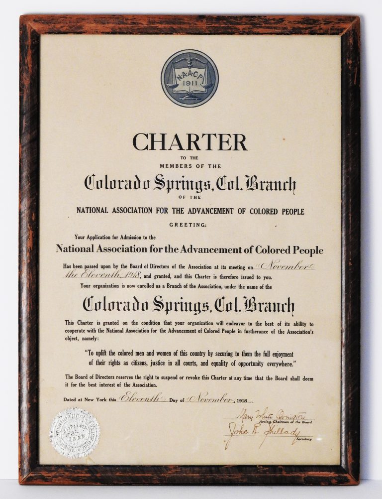 Charter for the Colorado Springs Branch of the National Association for the Advancement of Colored People (NAACP), November 11, 1918. Generously Donated by Mrs. Alice Morgan. 78-20.