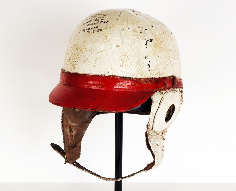 Al Rogers’ Pikes Peak Hill Climb Helmet, 1936-1941. Generously donated by Mr. J.C. Rogers. 85-95-1.