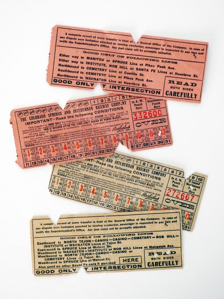 Tickets for the Colorado Springs Interurban Railway, ca. 1920. Generously Donated by Kenneth L. Gaunt.