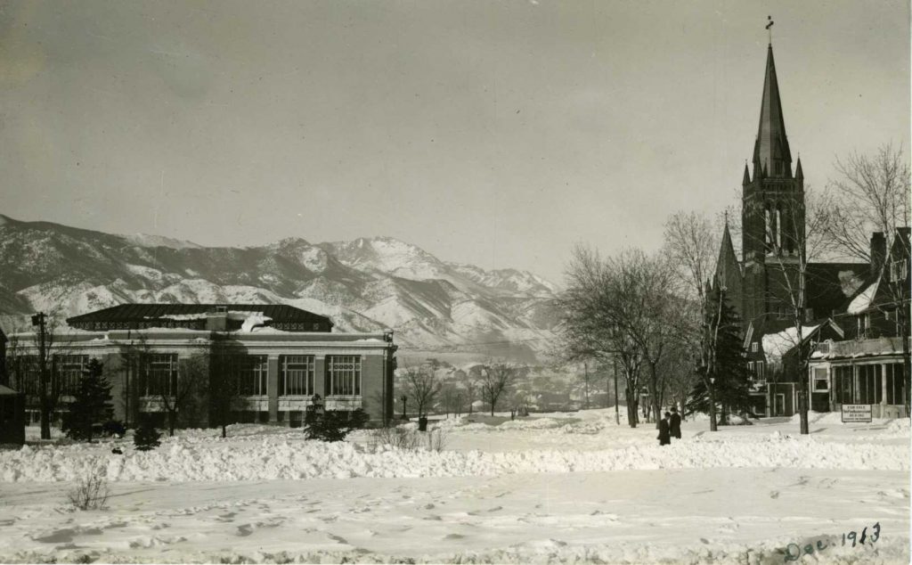 View of Colorado Springs Public Library and St. Mary's Cathedral in downtown Colorado Springs, 1913. Generously donated by Mrs. Hazel Bibb Fuller, A78-111-3.