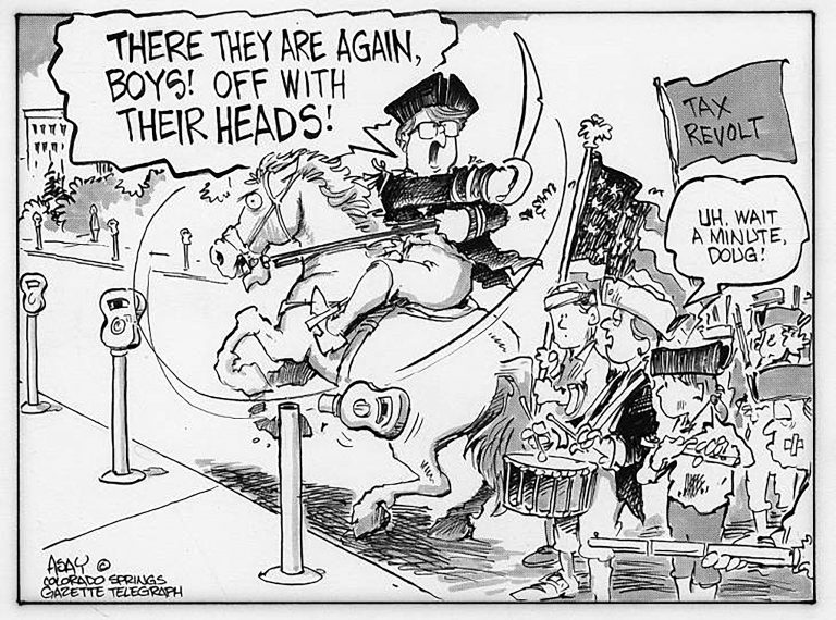 Chuck Asay Cartoon Reproduction, 1990. Courtesy of Pikes Peak Library District, Special Collections.