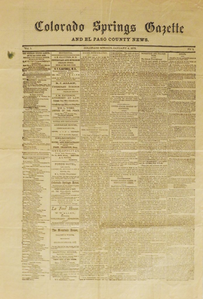 Colorado Springs Weekly Gazette, January 4, 1873. CSPM Collection