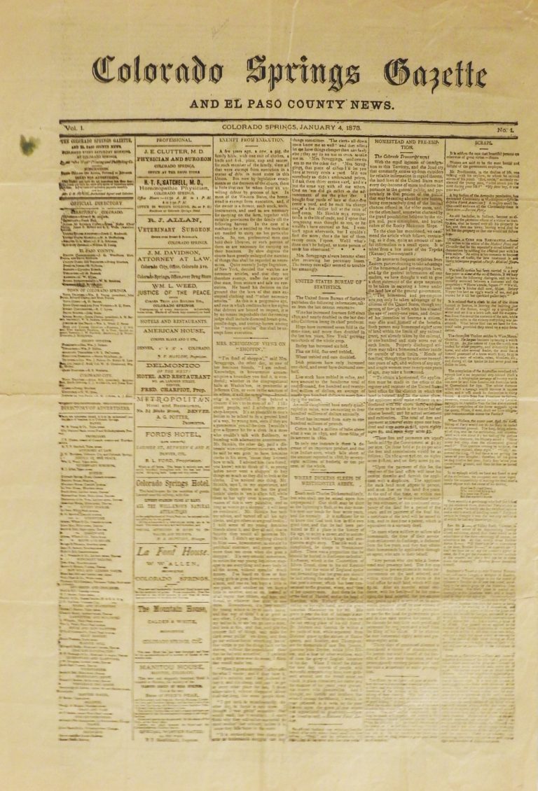 Colorado Springs Weekly Gazette, January 4, 1873. CSPM Collection