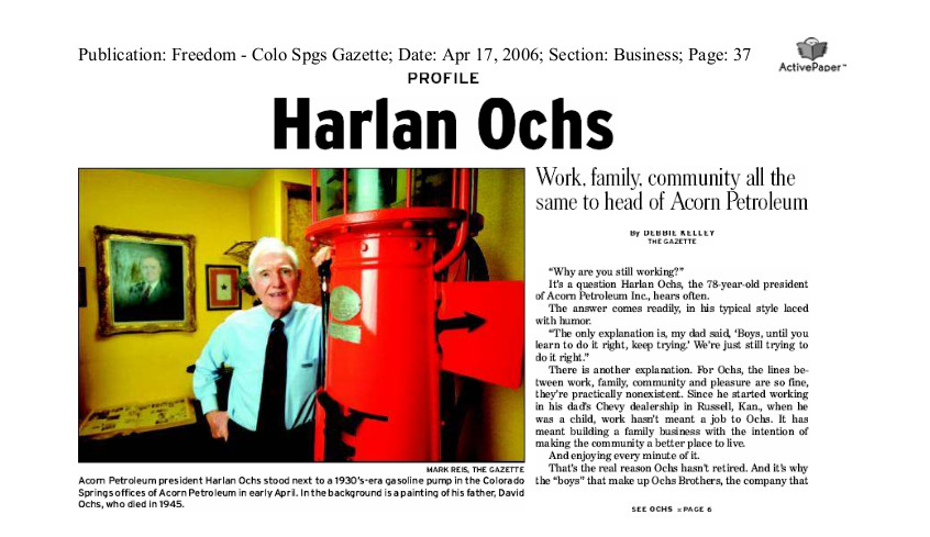 Colorado Springs Gazette feature article on Harlan Ochs and the Ochs Family, April 17, 2006. Courtesy of the Pikes Peak Library District.