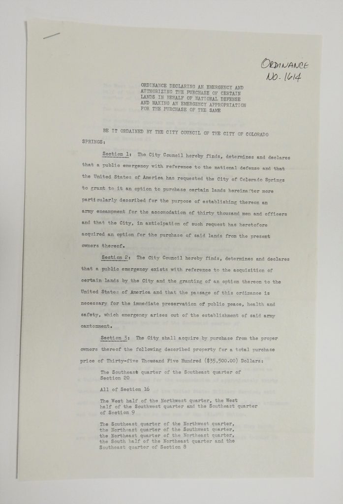 City Ordinance No. 1614, August 12, 1941. Generously Loaned by the Colorado Springs, Office of the City Clerk. Camp Carson License Plate, ca. 1945. Generously donated by Jim Rich, 994.6.17.