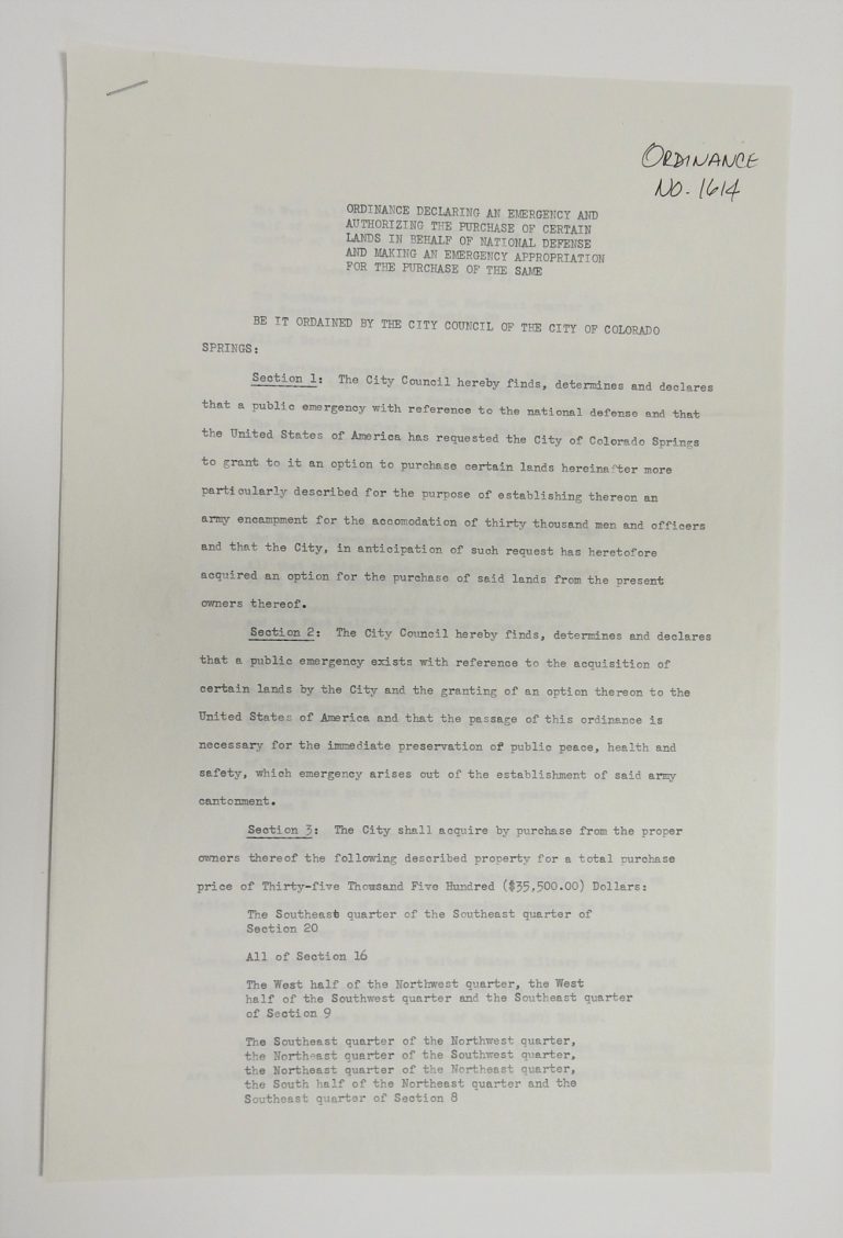 City Ordinance No. 1614, August 12, 1941. Generously Loaned by the Colorado Springs, Office of the City Clerk. Camp Carson License Plate, ca. 1945. Generously donated by Jim Rich, 994.6.17.