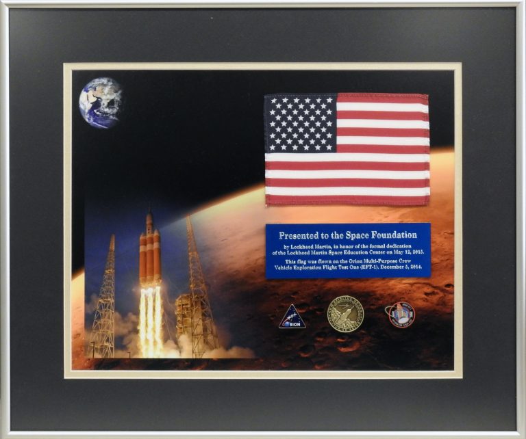 Flag Flown During the First Manned Test Flight of Orion Capsule, 2014-2015. Generously Loaned by the Space Foundation Discovery Center.