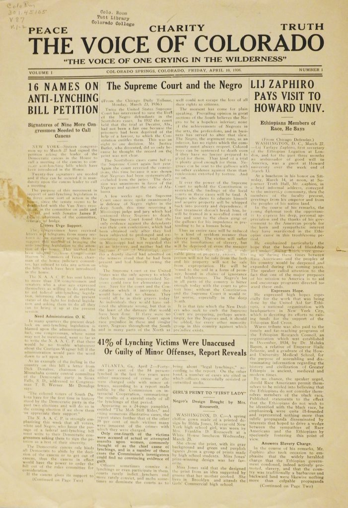The Voice of Colorado, April 10, 1936. Generously Loaned by Colorado College, Tutt Library, Special Collections.