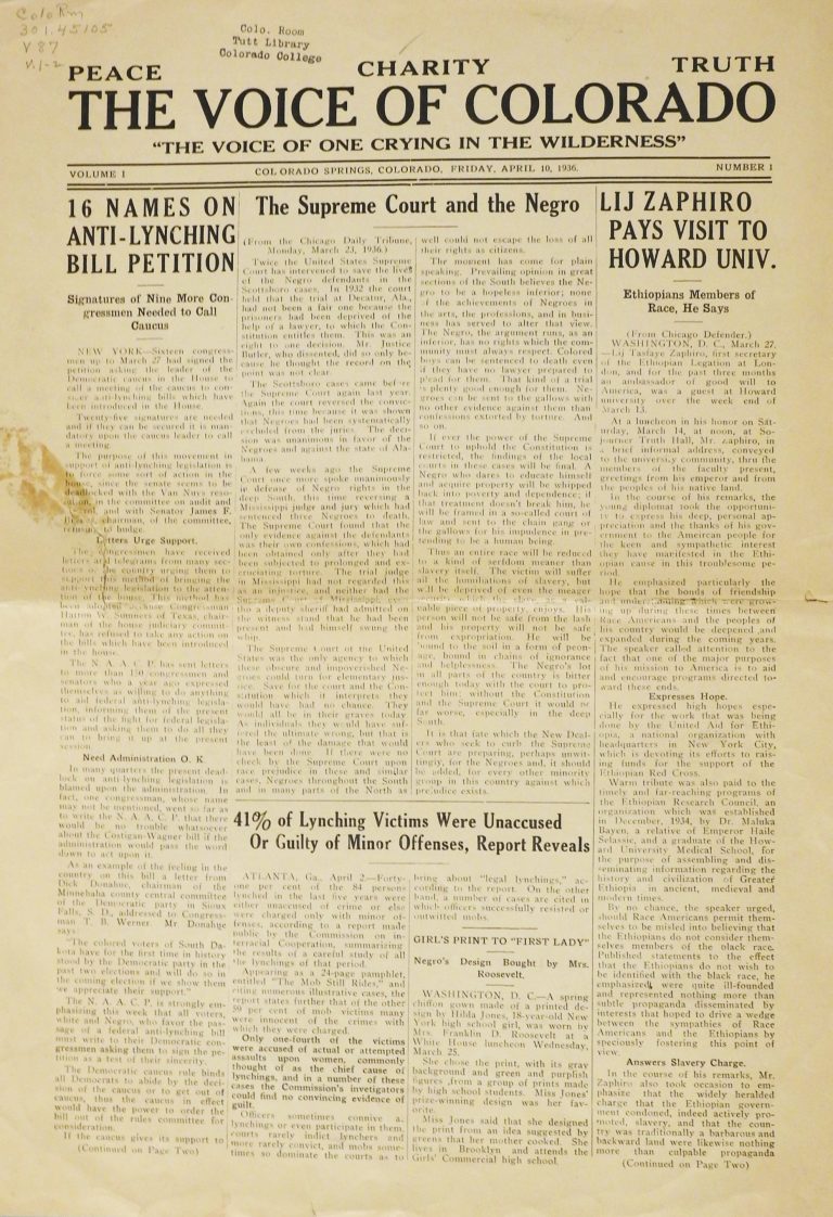 The Voice of Colorado, April 10, 1936. Generously Loaned by Colorado College, Tutt Library, Special Collections.