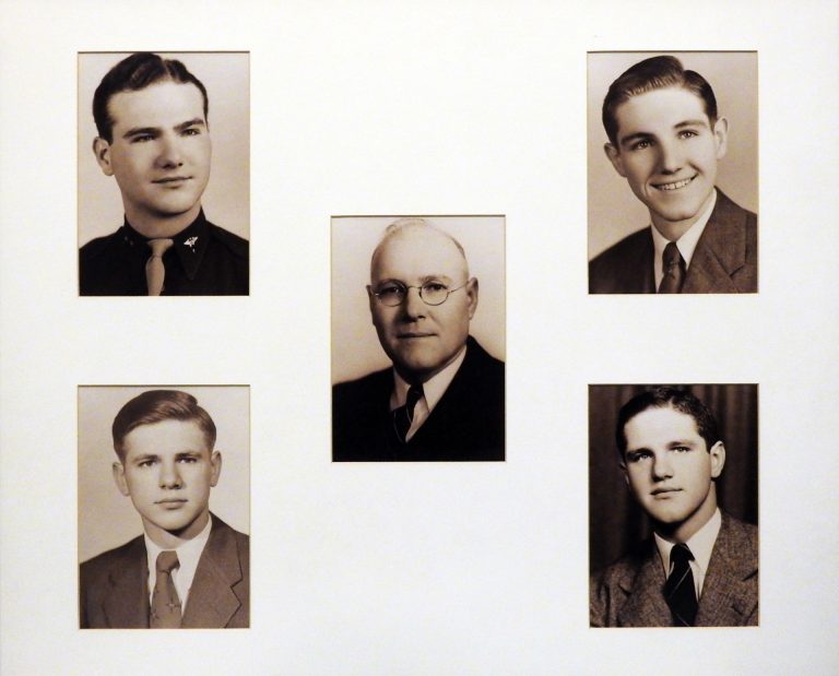 Photograph of the Ochs Family, ca. 1950. Generously Loaned by Harlan D. and Alice Ann Ochs. From left to right: Larry, father David (center), Harlan, bottom left to right: Ken and Don.