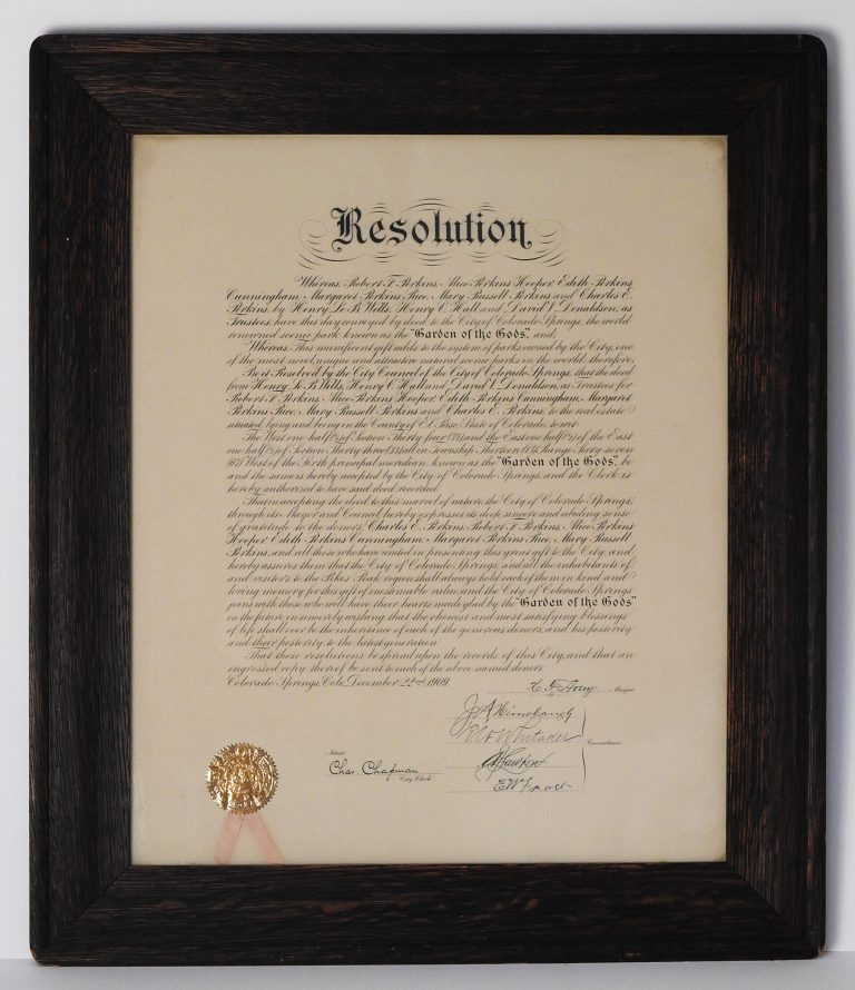 Garden of the Gods Resolution, December 22, 1909. CSPM Collection.
