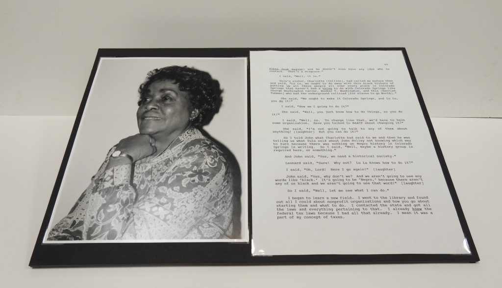 LuLu Stroud Pollard Oral History Recording, Page of Transcript, and Photograph, 1995, From the Voices and Visions Oral History Project, Generously Donated by LuLu Stroud Pollard, S995.81.