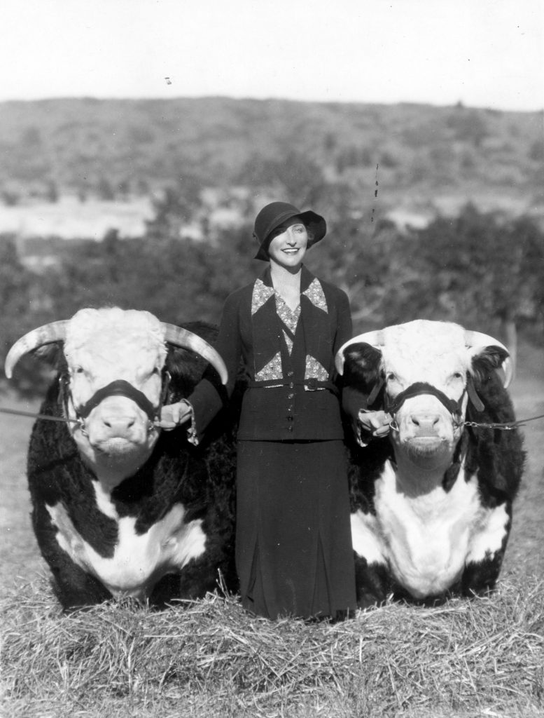 Photograph of Ruth Lewis with Prize-Winning Banning-Lewis Cattle, ca. 1939. Generously donated by Dennis Walter, S997.137.8.