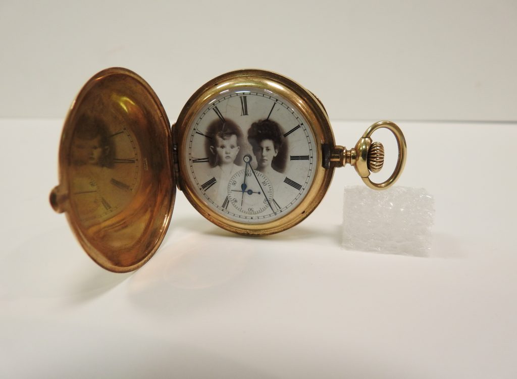 Interior of pocket watch featuring photos of Oly Belle and James F. Burns Jr. given to James F. “Jimmie” Burns, 1904, Courtesy of James and Kimberly Burns