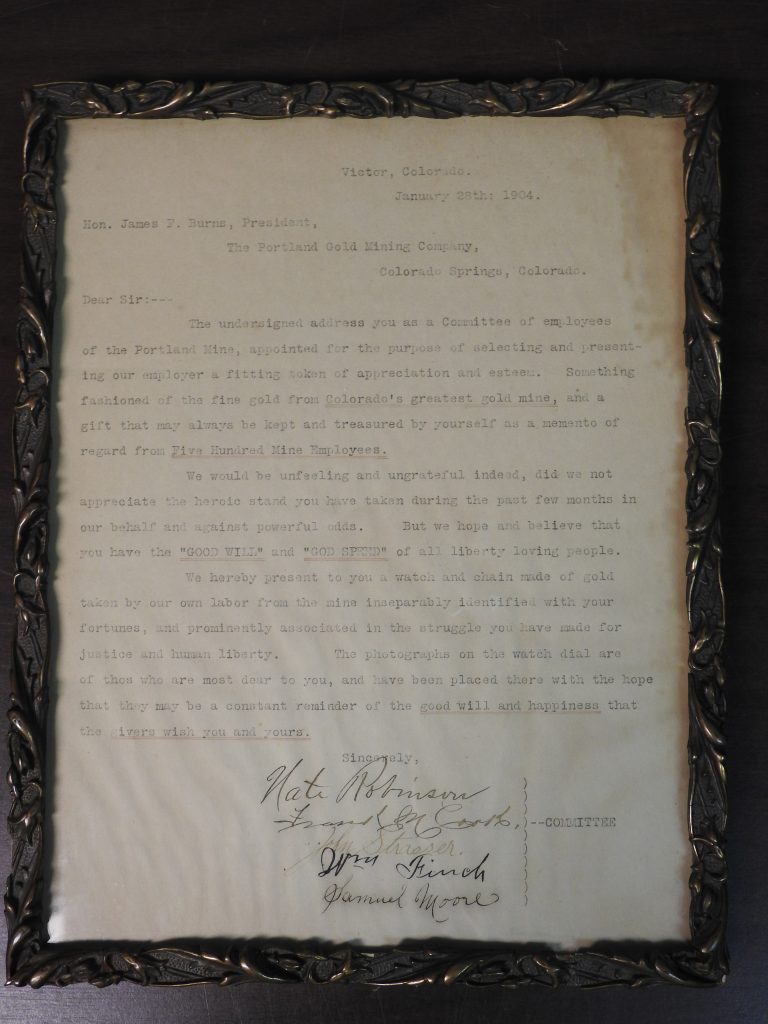 Letter to James F. Burns by a Committee of Employees of the Portland Mine, 1904, Courtesy of Ann Naughton