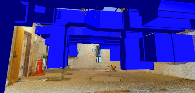Photo 2- LiDar Scan of one of the fourth floor mechanical rooms. The new HVAC model set is notated in blue and incorporated into the scan.