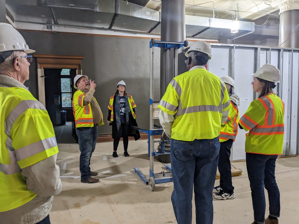 Matt Mayberry, CSPM Director and Hillary Mannion, CSPM Archivist gave a tour to the CSPM Acquisitions Committee. In the photo below, Matt is pointing to the new metal duct installed in the "Story of Us: Pikes Peak Regional A – Z" exhibit.