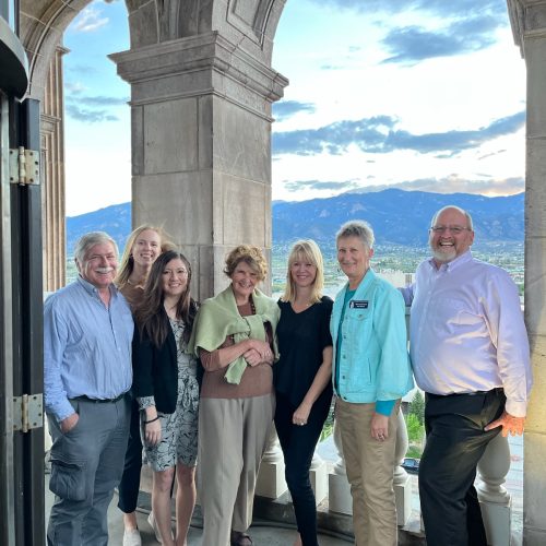 Members of the CSPM Board in the historic 1903 El Paso County Courthouse. Pictured Left to Right: President Sam Epply, Ellen Thommesen, Sarah McGuinness, Lynn Peterson, Sandra Meagher, Vice President Nancy Bernard, and CSPM Director Matt Mayberry.