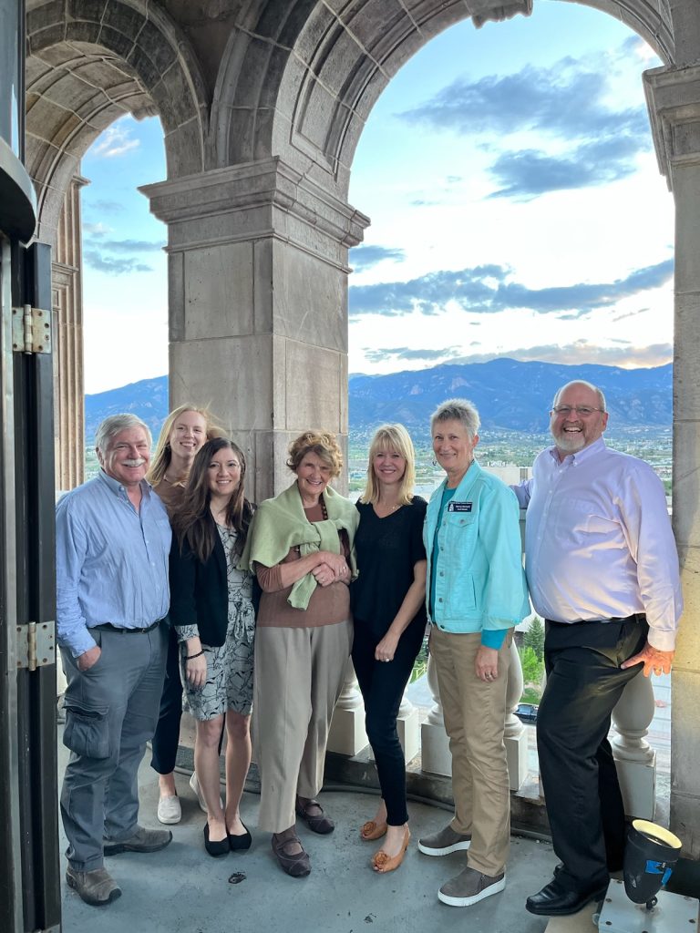 Members of the CSPM Board in the historic 1903 El Paso County Courthouse. Pictured Left to Right: President Sam Epply, Ellen Thommesen, Sarah McGuinness, Lynn Peterson, Sandra Meagher, Vice President Nancy Bernard, and CSPM Director Matt Mayberry.