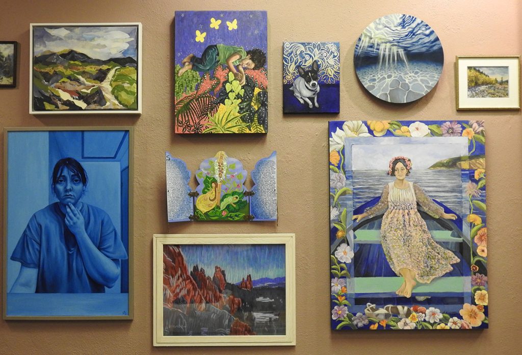 Nine artist works, of various size, subject and media.