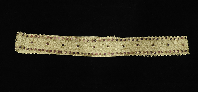 Linen Belt With Hand-stitched Lace and Designs, ca. 1885, Generously Donated by Florentina Staub, Unknown Artist.