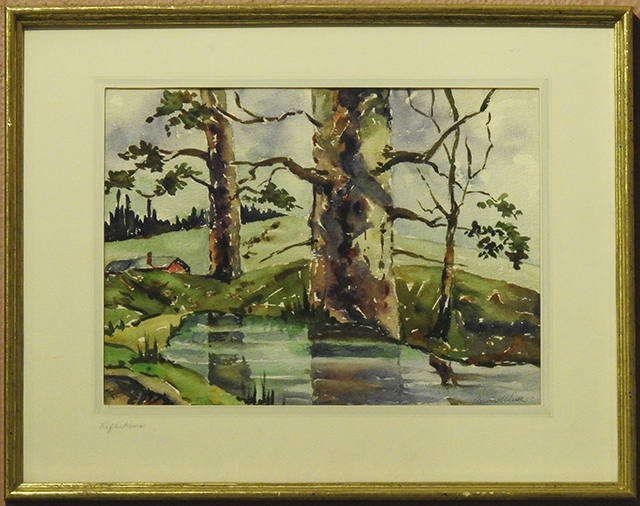 Reflections, Watercolor on Paper, Generously Donated by the Estate of Valerie L. Powell, Watercolor landscape scene of trees and river.