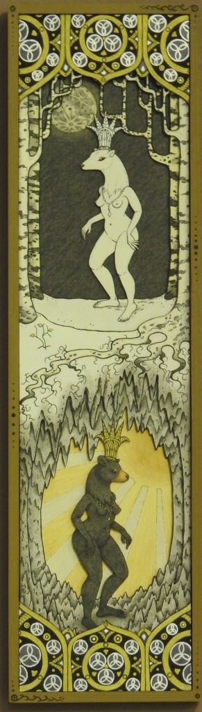 Layered paper and painting of a surrealistic scene; female figures with animal heads, bedecked s royalty, and ethereal forests framing.