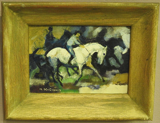 Painting of a horse and rider, with shadowed riders and horses framing the background.