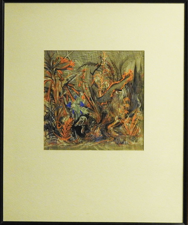 Abstract foliage scene, done mostly in earth tones, with tendrils of vibrant orange and blue throughout.