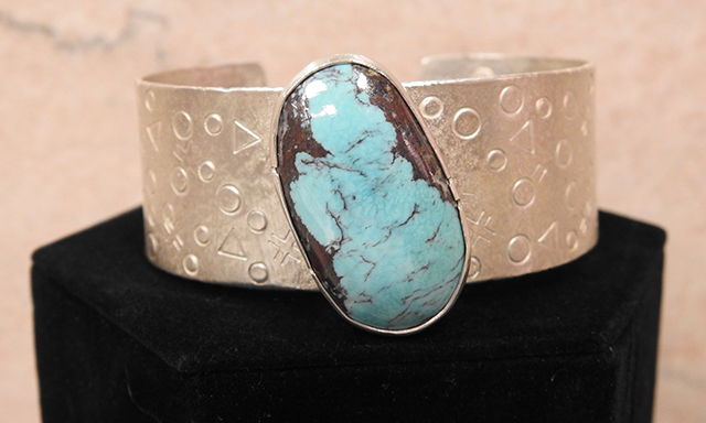 Burtis Blue Turquoise Bracelet, Karen Box Anderson, Oval Turquoise stone with silver cuff.