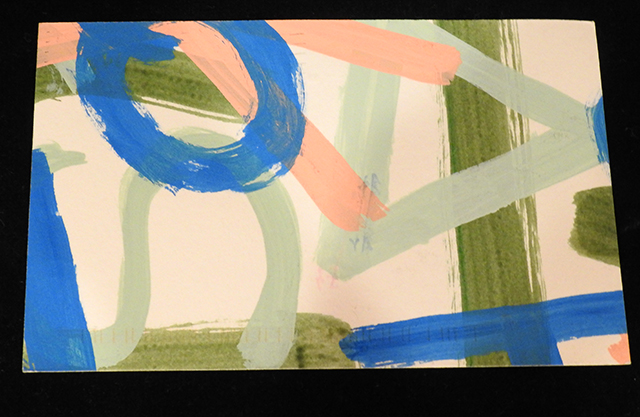 Handmade Postcard to JoAnn and John Orsborn, 1995, Mary Chenowith, Abstract painting of varying lines and swirls.