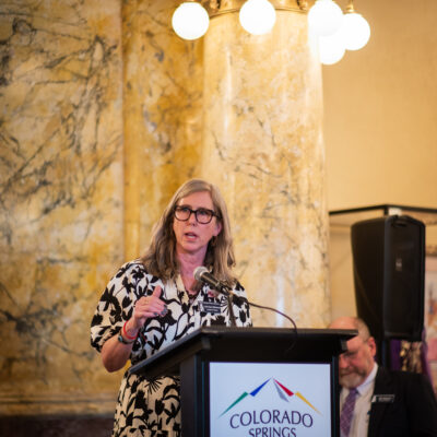 Leah Davis Witherow speaking about 50% of the Story during the Grand reopening.