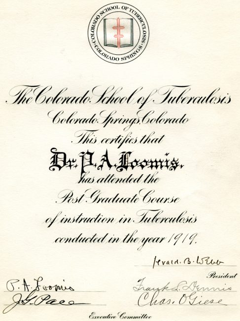 Training Certificate issued by the Colorado School of Tuberculosis, featuring the Cross of Lorraine, the symbol used by the National Tuberculosis Association in the Campaign Against Tuberculosis, 1919.